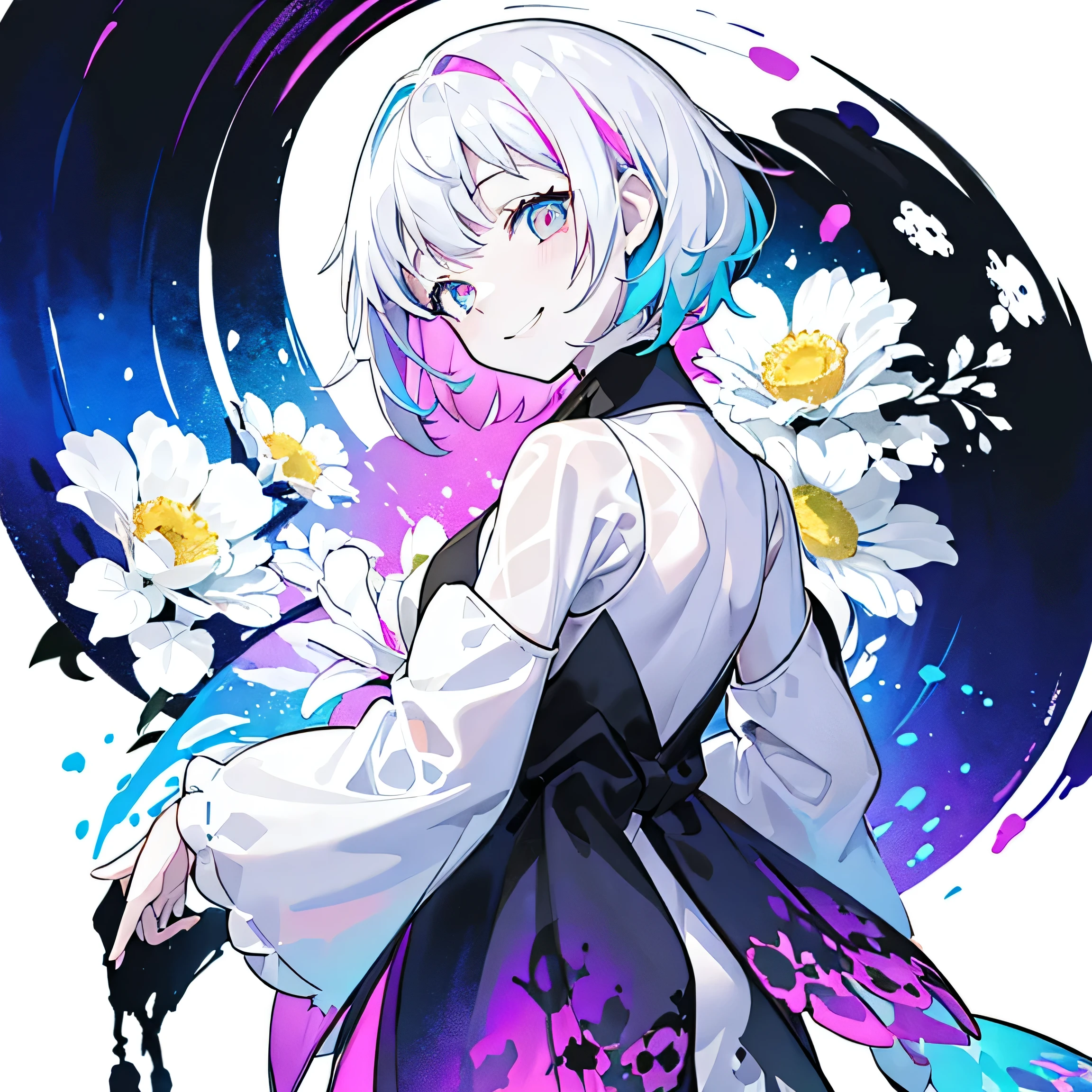 (Very bright:1.1), White Background, [1 person:7], (Tilt your head:1.2),smile、 ([sketch|watercolor \(Moderate\)]:1.15), (Inkblot:1.1), (pale:1.2), Vector Trace, Gradient Blending, look back、Bright colors,((colorful))、flower、 that&#39;wonderful, Very detailed, Complex, (Very low contrast:1.4)、My Favorite Child、Ai Hoshino