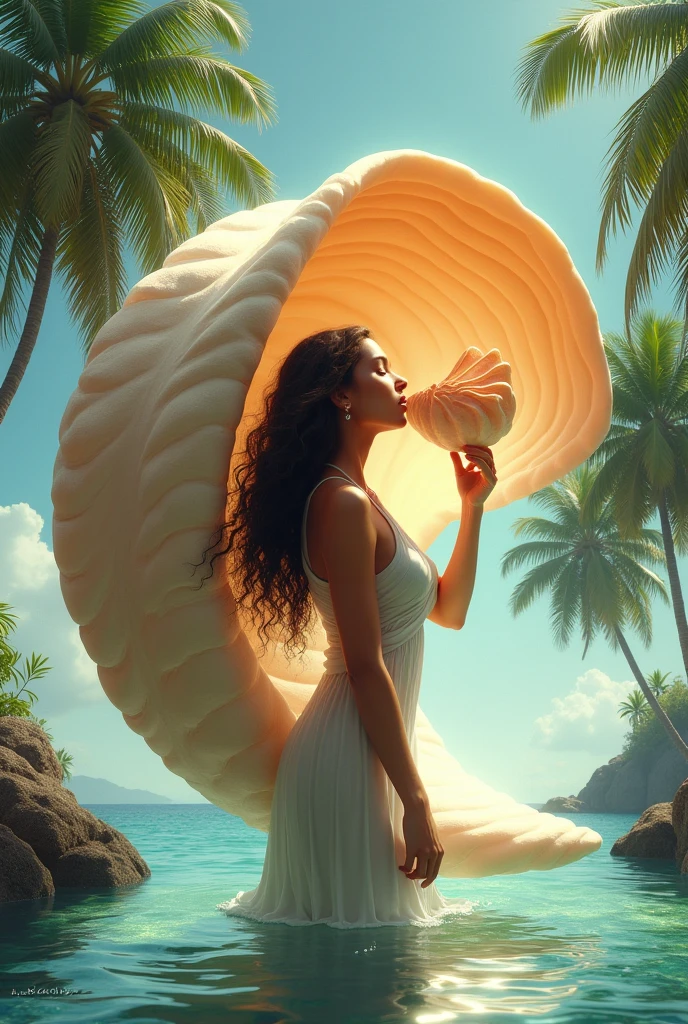 A woman blows a conch shell with her mouth
