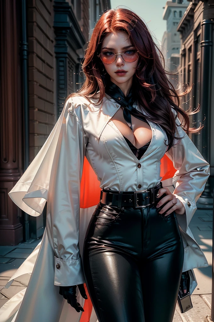 [cowboy shot], a beautiful young woman with long red hair, slim body, thin waist, narrow hips, detailed facial features, ((wearing high quality high waist black leather pants)), ((a formal white colored silk shirt with cleavage and long sleeves)), ((a black coat on shoulders)), ((red lining)), ((double luxury waist belt)), ((slightly red tinted glasses)), ((expensive reflective silk scarf)), holding a handbag, hand on waist, (best quality,4k,8k,highres,masterpiece:1.2),ultra-detailed,(realistic,photorealistic,photo-realistic:1.37),high fashion,editorial,dramatic lighting,cinematic,vivid colors,intricate details, glamorous