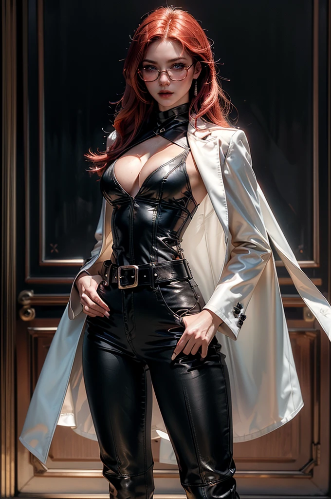 [cowboy shot], a beautiful young woman with long red hair, slim body, thin waist, narrow hips, detailed facial features, ((wearing high quality high waist black leather pants)), ((a formal white colored silk shirt with cleavage and long sleeves)), ((a black coat on shoulders)), ((red lining)), ((double luxury waist belt)), ((slightly red tinted glasses)), ((expensive reflective silk scarf)), holding a handbag, hand on waist, (best quality,4k,8k,highres,masterpiece:1.2),ultra-detailed,(realistic,photorealistic,photo-realistic:1.37),high fashion,editorial,dramatic lighting,cinematic,vivid colors,intricate details, glamorous