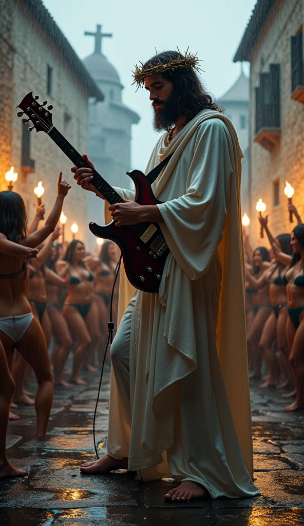 Jesus with the crown of thorns as a guitarist at a heavy metal concert , playing among people in a stone courtyard in a medieval village . Rainy weather. The fans are dancing and chanting. All around scantily clad women pole dancing