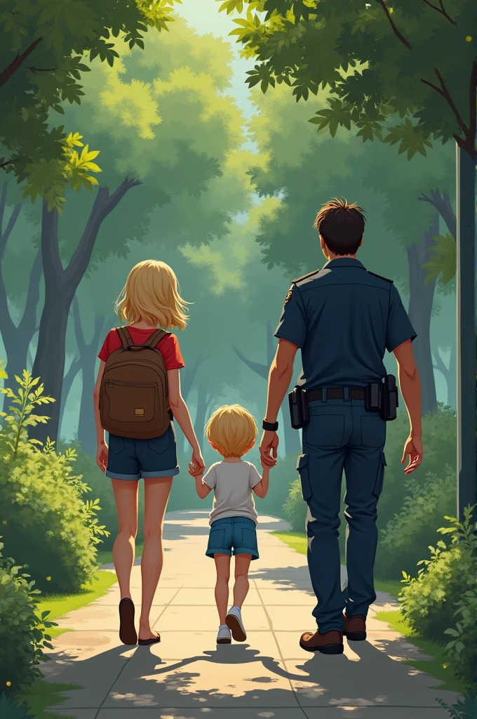 A couple of boyfriends, a short blonde girl and a tall, gloomy boy, are intercepted on a walk in the park by a policeman.