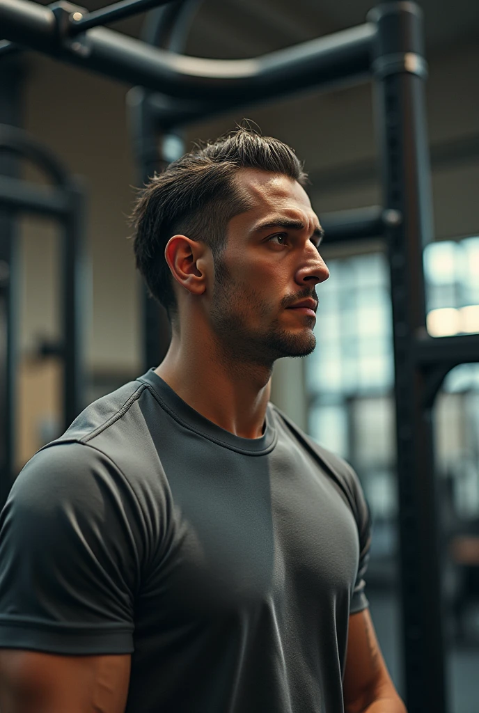 (photorealism:1.2), man in grey shirt, short hair on the side, Long hair, seeds, with a split in the middle and backwards, doing chest pulley exercise, with downward inclination, in gym, looking forward.
