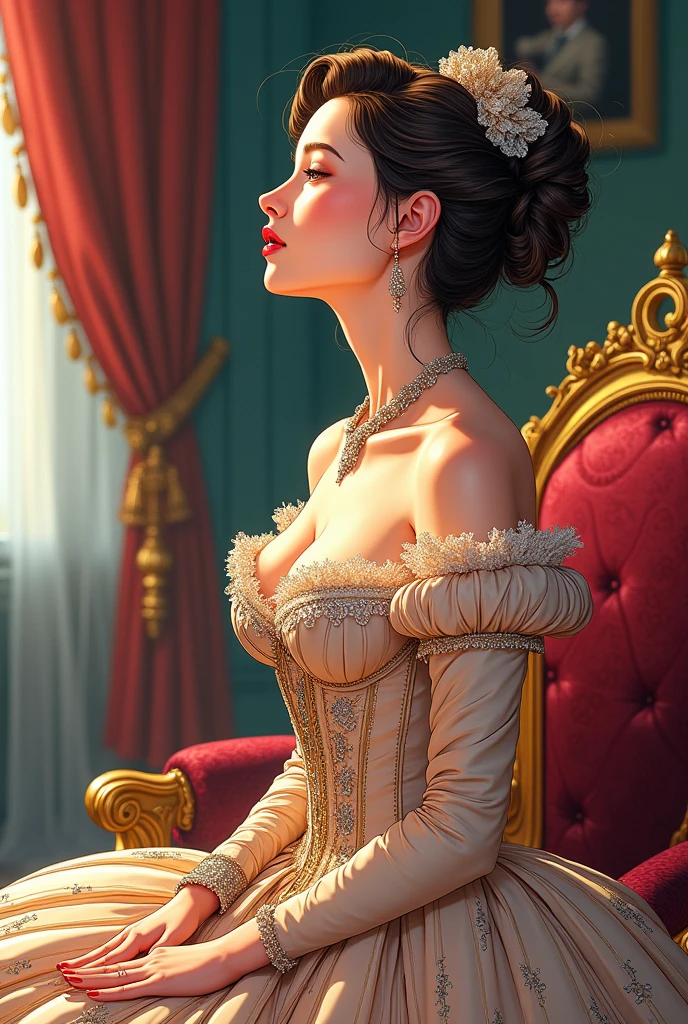 a high society lady from the 1800s breathing a sigh of relief, with manga art

