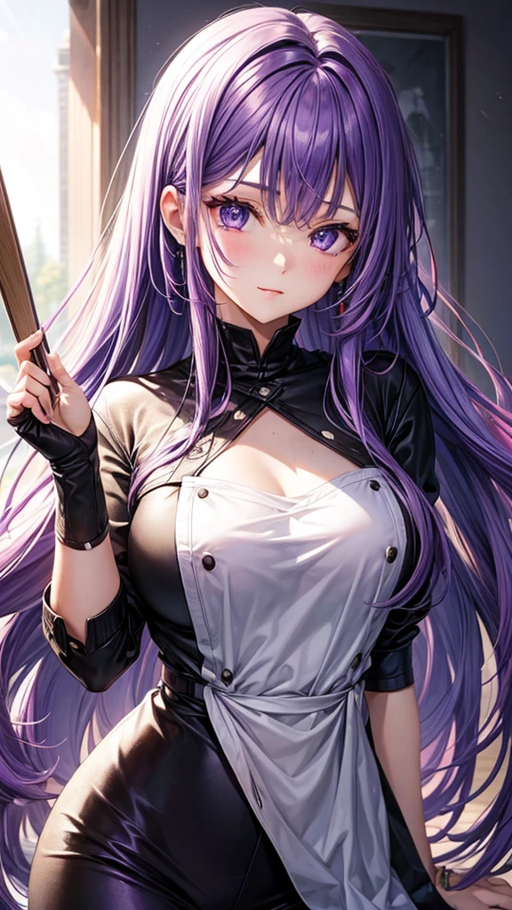 A girl with purple hair,purple eyes,long hair and very pretty