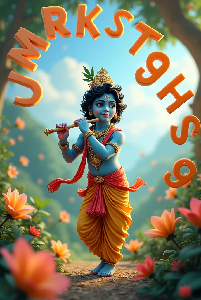 Let's little sit Krishna playing his flute, alphabet show in 3dN.
