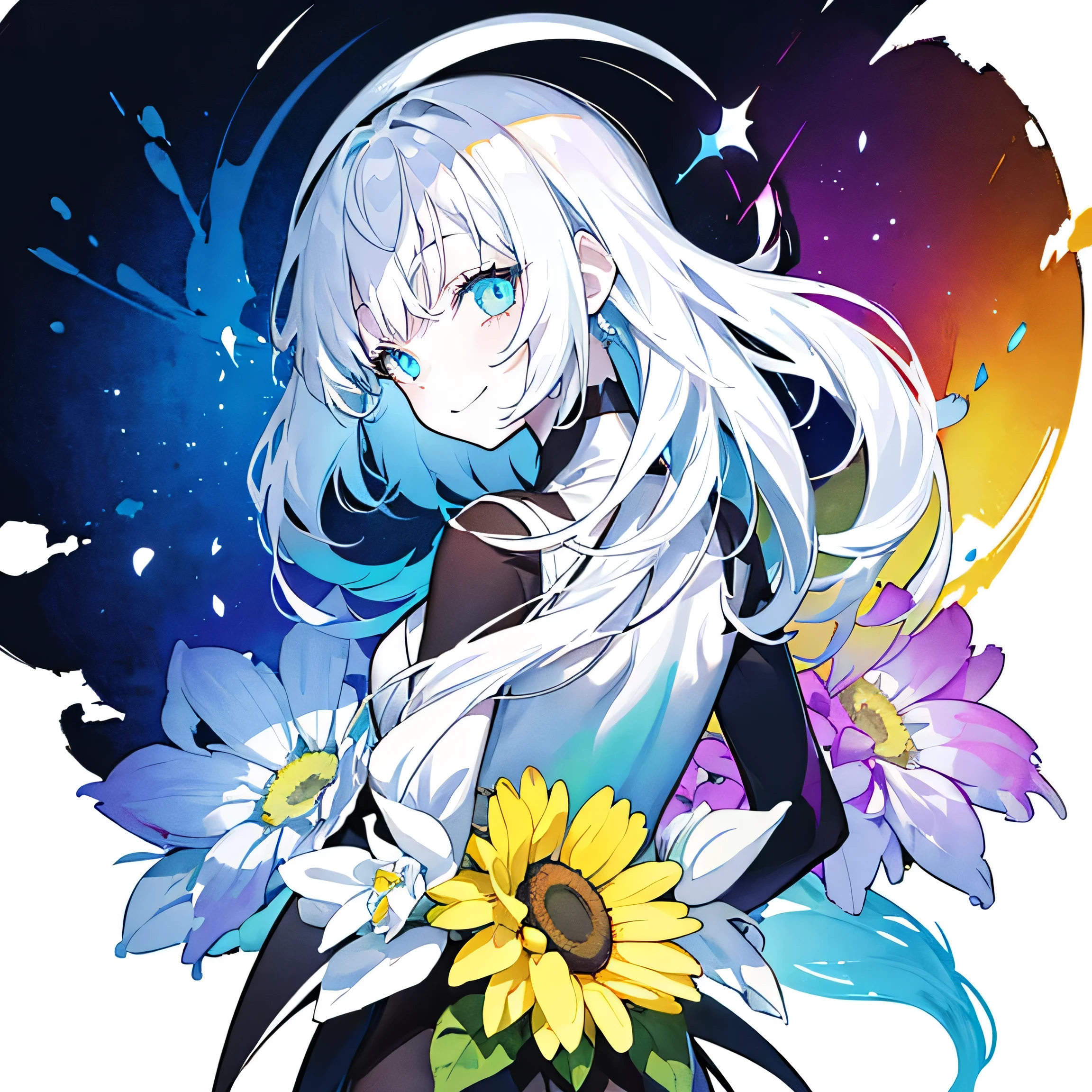 (Very bright:1.1), White Background, [1 person:7], (Tilt your head:1.2),smile、 ([sketch|watercolor \(Moderate\)]:1.15), (Inkblot:1.1), (pale:1.2), Vector Trace, Gradient Blending, look back、Bright colors,((colorful))、flower、 that&#39;wonderful, Very detailed, Complex, (Very low contrast:1.4)、My Favorite Child、Ai Hoshino