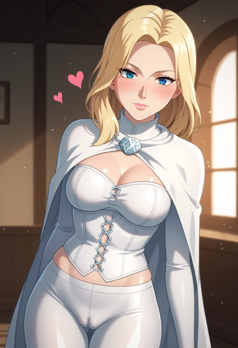 score_9,score_8_up,score_7_up,score_6_up,score_5_up,score_4_up BREAK skinny, medium breasts, shiny skin,bokeh,bloom,light particles, luxury bedroom,1girl, clear eyes, Emma Frost, blonde hair, blue eyes, medium lips, pink lips, mature female, ((perfect model body)), blush, ((white cape, white corset with deep neckline, white tight pants)), wide hips, love view, hearts, seductive pose, cameltoe
