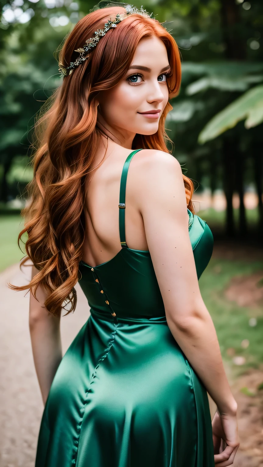 Realistic full body photo of a smiling redhead with long hair, She dances in front of the camera in a long A-line dress with straps made of shiny green satin., Park,glamour fotoshooting, Wedding celebration, perfect anatomy, perfect green eyes. Perfect hands with 5 fingers on each hand, Matching girl, looking at the camera, 1 Frau. (Eye make up:1.1), (highly detailed skin:1.1), spirit, analog style, keen focus, 8K  UHD, dslr, good quality, Fujifilm XT3, Grain, Award-winning, ​masterpiece. Wedding celebration. She stands in the park and looks over her shoulder towards the camera. Back