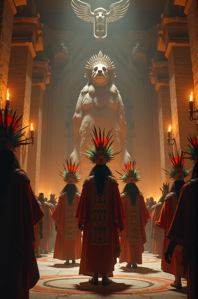 Incas with feathers on their heads enter the temple of the God Viracocha, There are torches in the temple, Inside the temple there are stone statues of llama, bicuña and alpaca