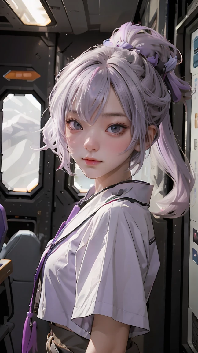  Boy and girl, Has gray hair with purple tips, purple eyes, long ponytail, On the space shuttle, In the hall, , colorful hair, white hair, depth of field, attitude, attitude, UHD, Masterpiece, correct, correctตามหลักกายวิภาคศาสตร์, High quality, best quality, Superb details, ((Shoot a few shots)), Selfie view