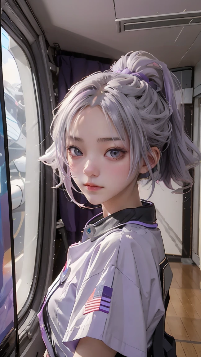 Boy and girl, Has gray hair with purple tips, purple eyes, long ponytail, On the space shuttle, In the hall, , colorful hair, white hair, depth of field, attitude, attitude, UHD, Masterpiece, correct, correctตามหลักกายวิภาคศาสตร์, High quality, best quality, Superb details, ((Shoot a few shots)), Selfie view