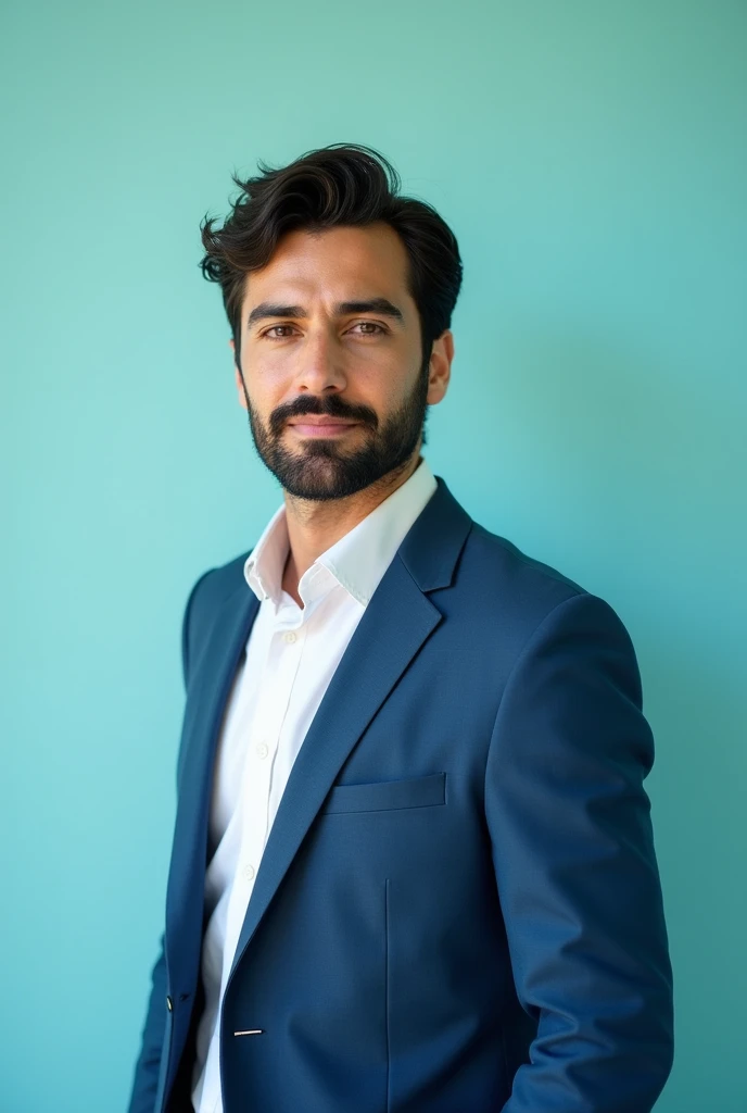 A young man with dark hair, medium the bread and a confident. He is dressed in a blue blazer and tai over a white shirt. The man is positioned against aqua colour backdrop with 