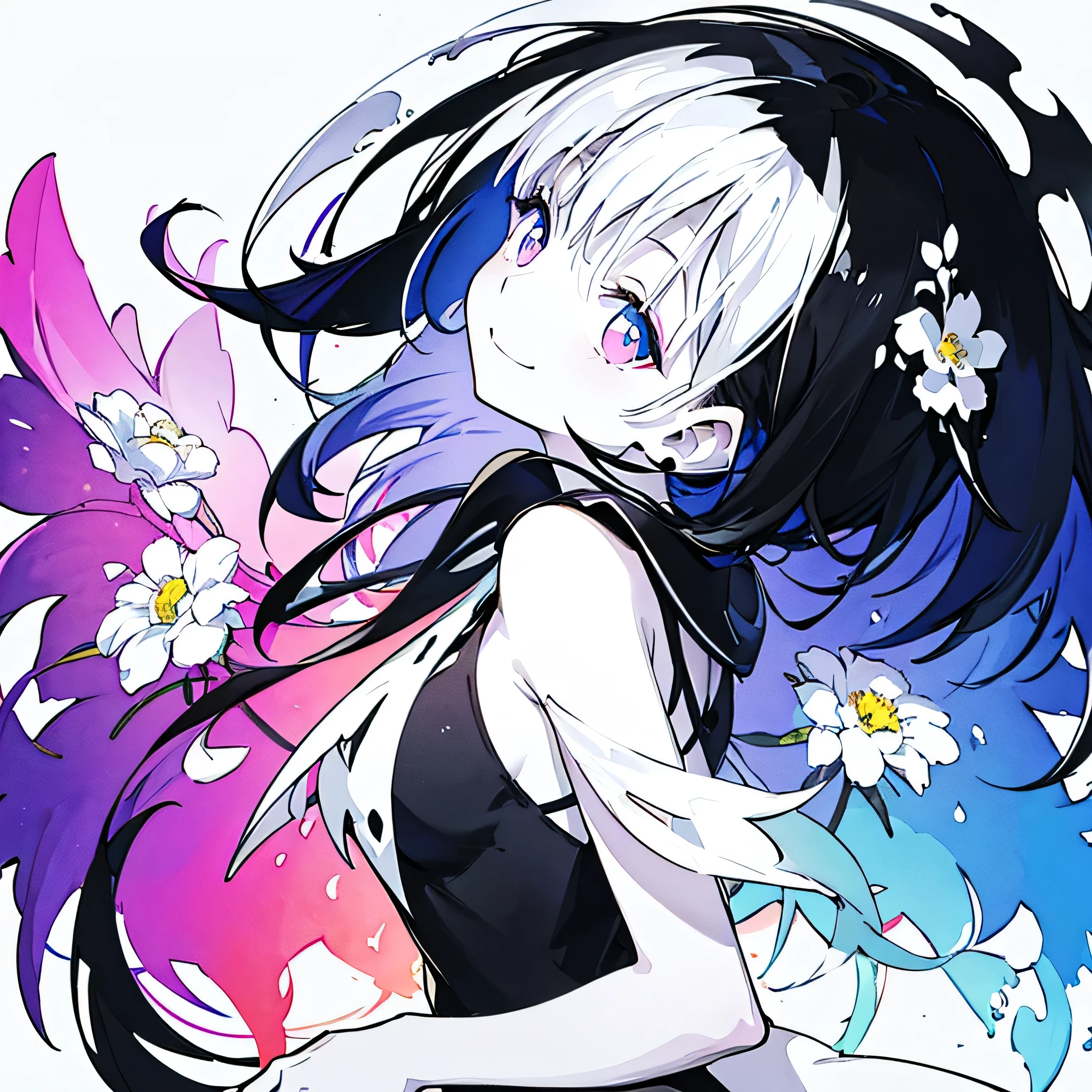 (Very bright:1.1), White Background, [1 person:7], (Tilt your head:1.2),smile、 ([sketch|watercolor \(Moderate\)]:1.15), (Inkblot:1.1), (pale:1.2), Vector Trace, Gradient Blending, look back、Bright colors,((colorful))、flower、 that&#39;wonderful, Very detailed, Complex, (Very low contrast:1.4)、My Favorite Child、Ai Hoshino