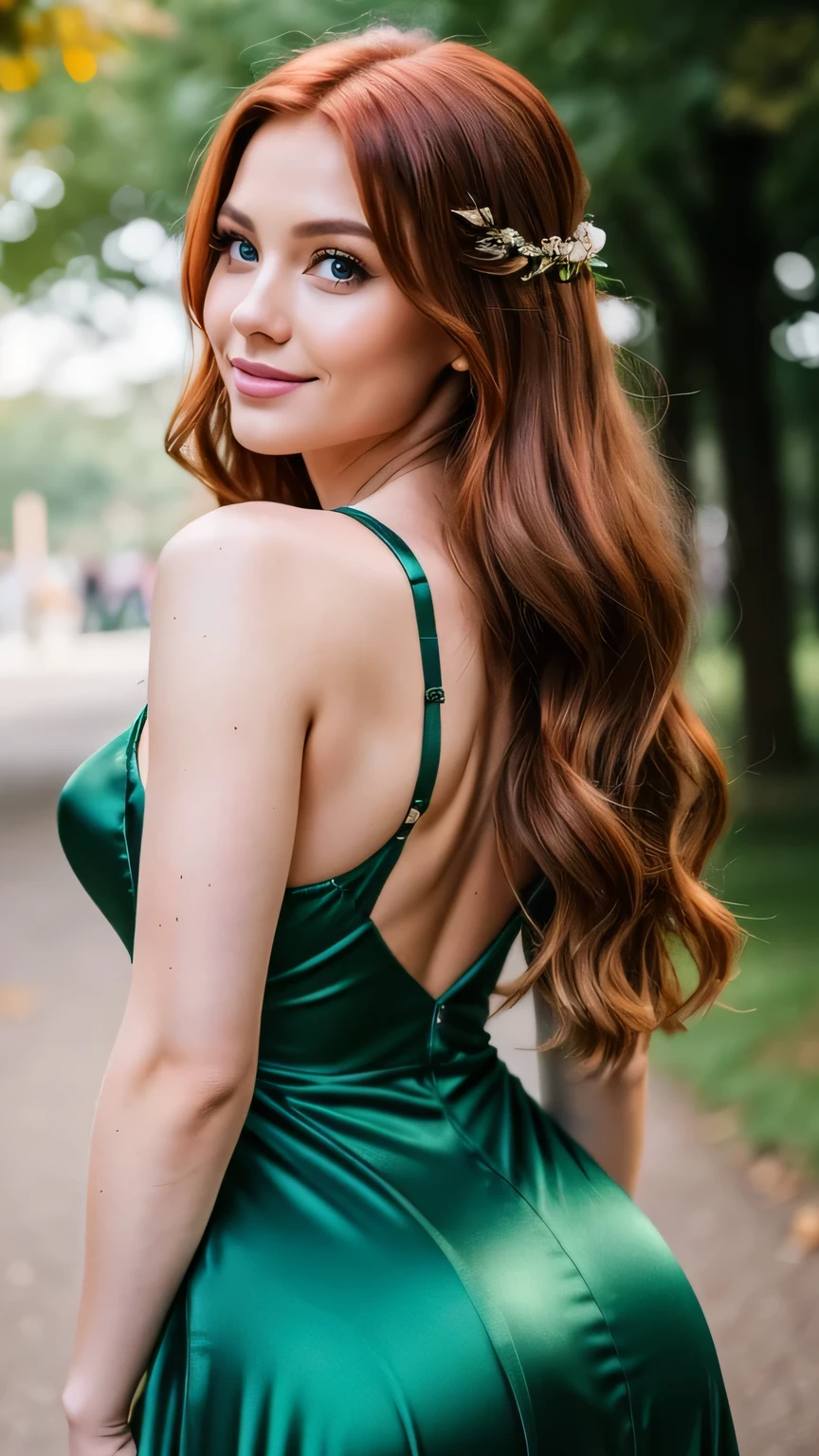 Realistic full body photo of a smiling redhead with long hair, She dances in front of the camera in a long A-line dress with straps made of shiny green satin., Park,glamour fotoshooting, Wedding celebration, perfect anatomy, perfect green eyes. Perfect hands with 5 fingers on each hand, Matching girl, looking at the camera, 1 Frau. (Eye make up:1.1), (highly detailed skin:1.1), spirit, analog style, keen focus, 8K UHD, dslr, good quality, Fujifilm XT3, Grain, Award-winning, masterpiece. Wedding celebration. She stands in the park and looks over her shoulder towards the camera. Back