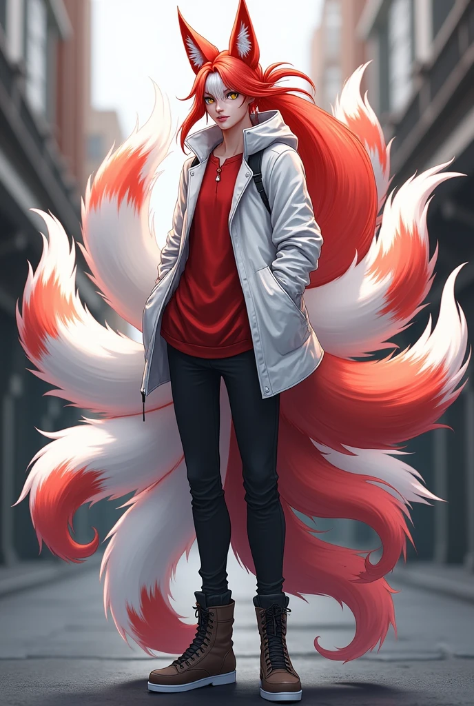 Create a Kitsune with long hair that is half white and half red, with a big ponytail, with fringe on the left side, yellow eyes, eyes large, humanoid, with ears and nine tails, o nome dele é Kito Kaiiatsubaky, Men's White Windbreaker Jacket with Red Shirt, black pants and men's boots,with gloves, Personalidade: always cheerful and lively and willing to protect his friends and companions.