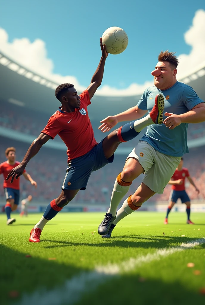 black player scoring a bicycle kick goal on the field, and around there is a big-headed player, um obeso, and one with a big nose