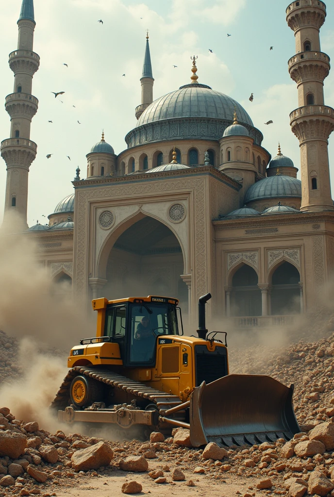 Caterpillar D6K Dozer tearing down a Mosque