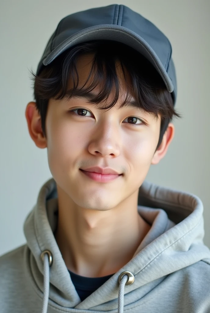 Selfie of handsome fair-skinned Korean boy wearing a hooded cap
