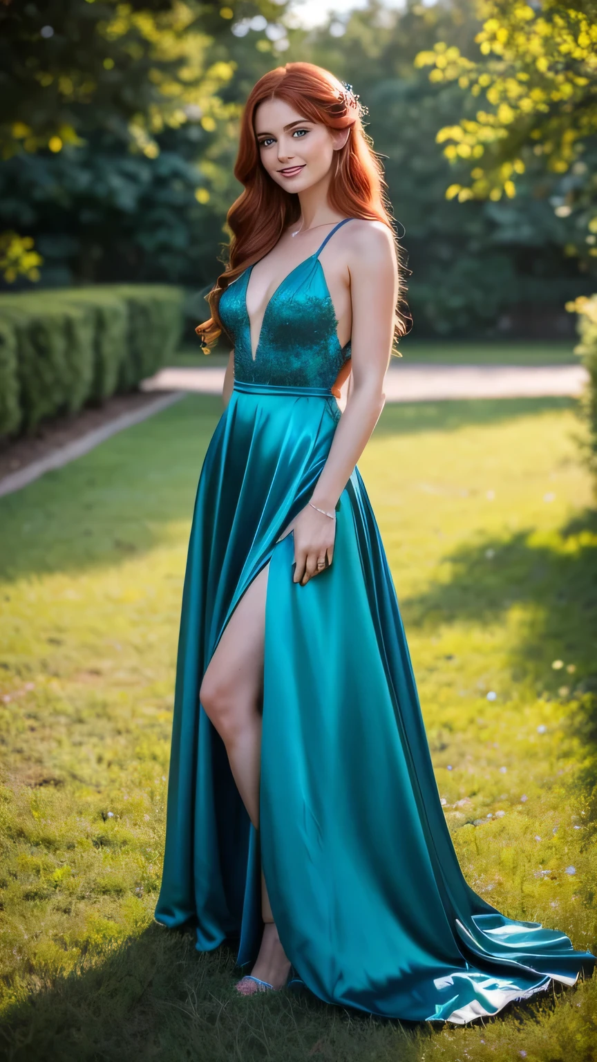 Realistic full body photo of a smiling redhead with long hair, She dances in front of the camera in a long A-line dress with straps made of shiny blue satin., Park,glamour fotoshooting, Wedding celebration, perfect anatomy, perfect green eyes. Perfect hands with 5 fingers on each hand, Matching girl, looking at the camera, 1 Frau. (Eye make up:1.1), (highly detailed skin:1.1), spirit, analog style, keen focus, 8K UHD, dslr, good quality, Fujifilm XT3, Grain, Award-winning, masterpiece. Wedding celebration. She stands in the park and looks over her shoulder towards the camera. Back