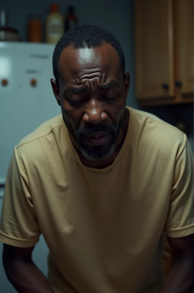 A gentle black man is very scared and anxious in his kitchen