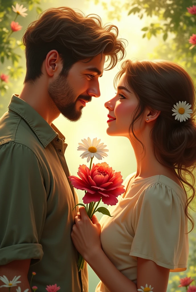 A man holding a Daisy flower and an women holding a carnation flower