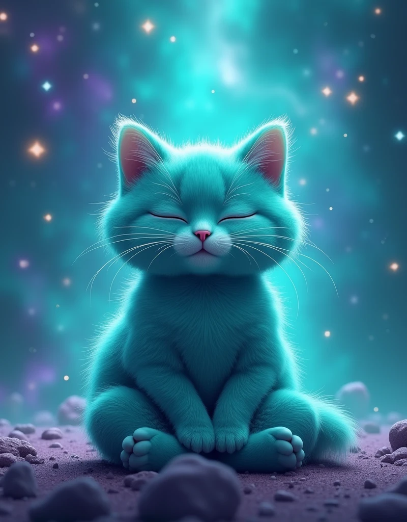 Create a super realistic cat, turquoise, fluffly, with eyes closed, he is meditating, is calm and happy, he is sitting in the lotus position, cross legs, o fundo é de galaxia turquoise com roxo