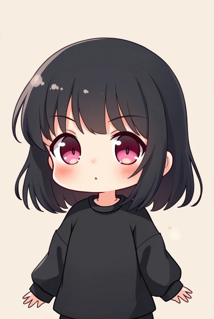 medium black hair girl with bangs, pink eyes and black sweatshirt, chibi style, confused