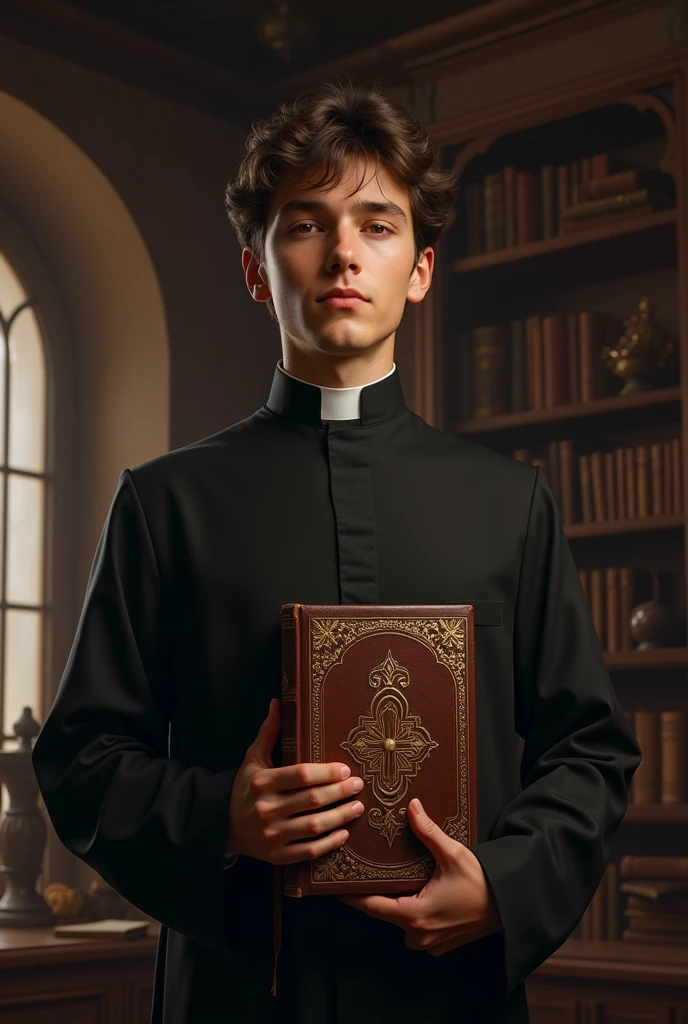 Create images of a young Jesuit priest with the bible in his hand