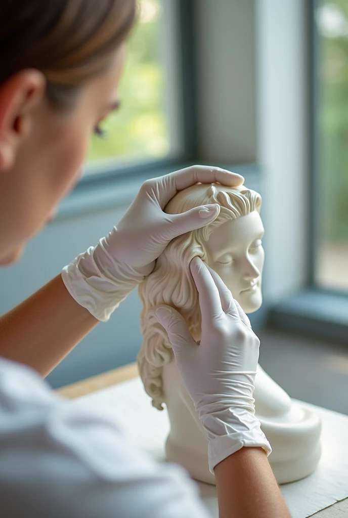 La manipulation d'une sculpture avec des gants blancs en coton