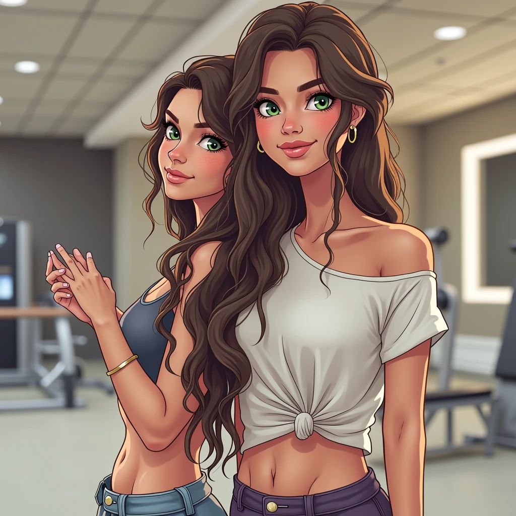 A 2 woman, alone in the photo, Long, wavy brown hair down to the waist, tanned skin with light freckles, greenish brown eyes, casual and trendy style. Likes to wear clothes that combine comfort and fashion, como leggings, t-shirts oversized, and colorful accessories. Light makeup for everyday wear with a touch of production. She is leaving the gym, a little sweaty and hair tied up. The background should contain the scenery of a gym.