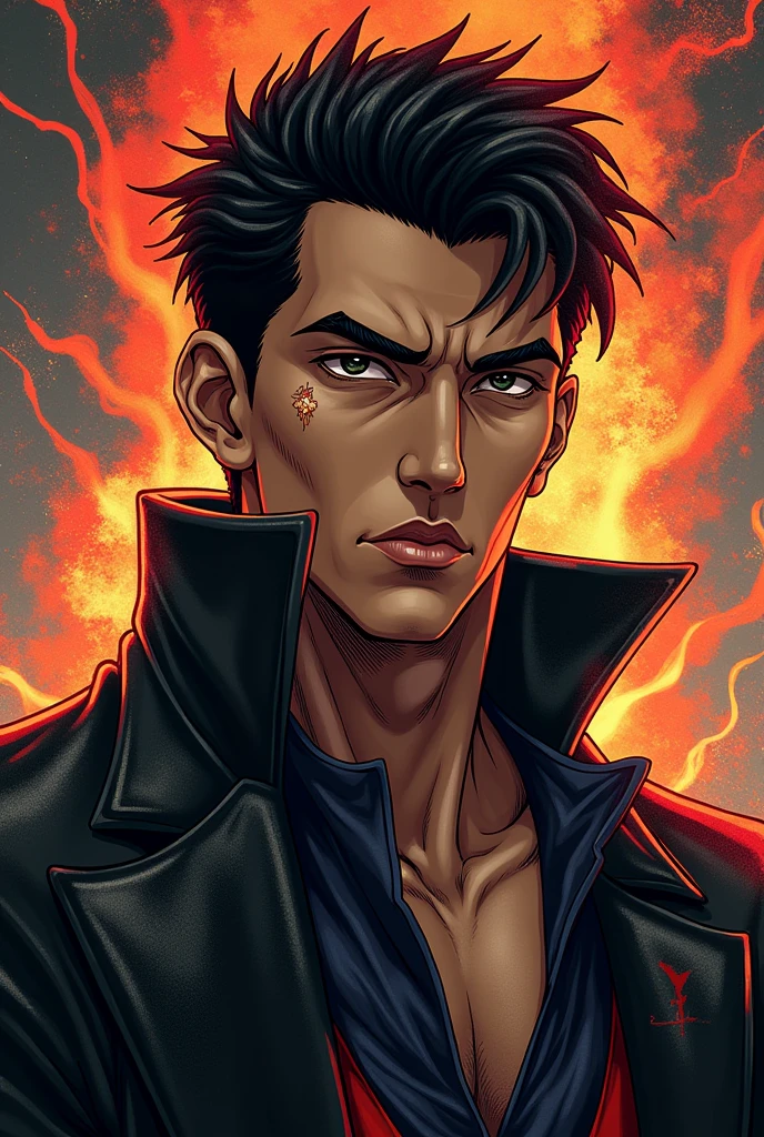 A man with warm brown skin, short black hair, thick eyebrows, almond-shaped dark eyes, a straight nose, full lips. He has a strong jawline and a serious, confident expression. jojo's bizarre adventure background effect with sutando