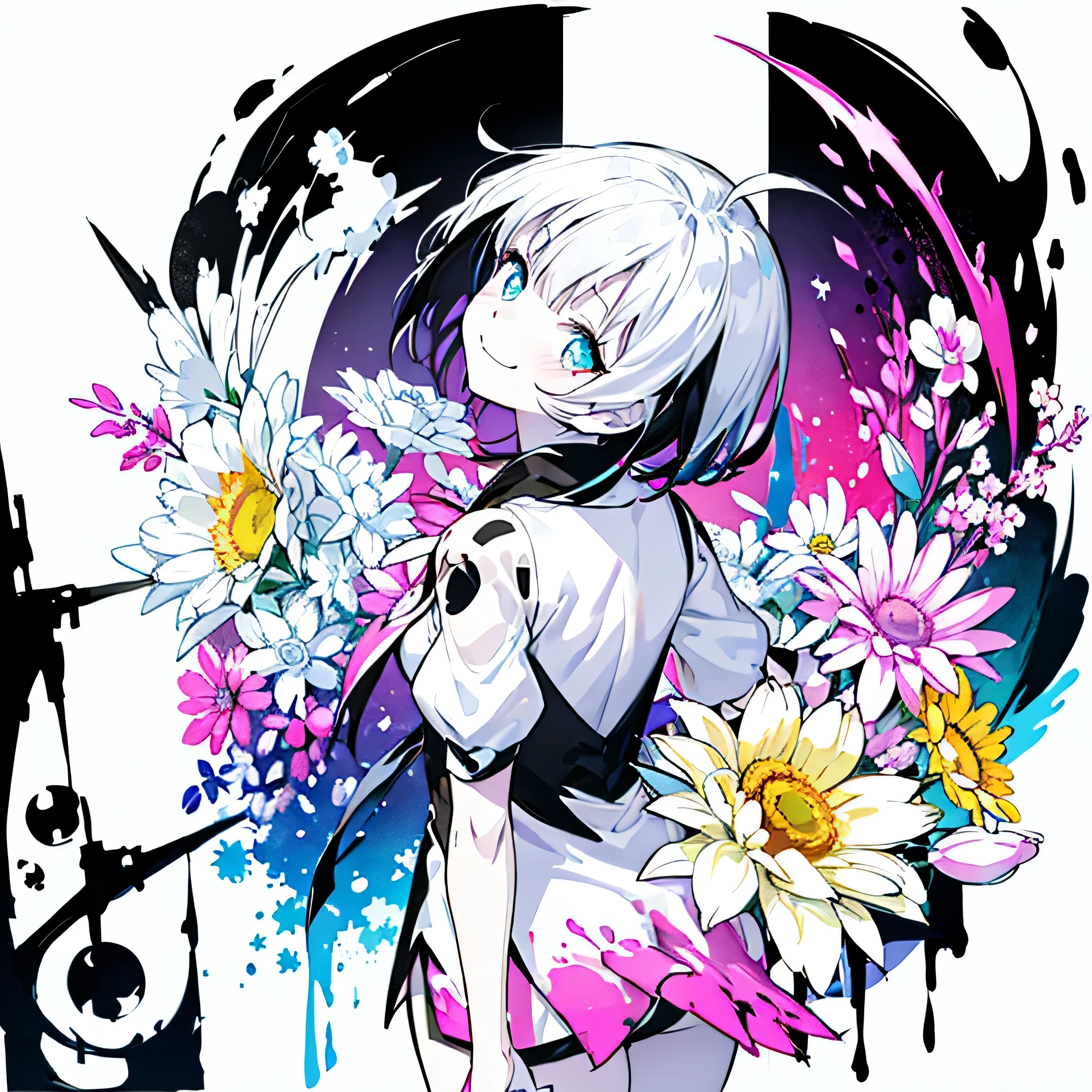 (Very bright:1.1), White Background, [1 person:7], (Tilt your head:1.2),smile、 ([sketch|watercolor \(Moderate\)]:1.15), (Inkblot:1.1), (pale:1.2), Vector Trace, Gradient Blending, look back、Bright colors,((colorful))、flower、 that&#39;wonderful, Very detailed, Complex, (Very low contrast:1.4)、My Favorite Child、Ai Hoshino