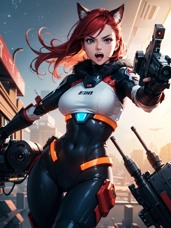 cinematic photo a detailed award winning photo, cute red haired cat space pirate on his spaceship ,realistic fur, fangs , angry, holding a big futuristic gun, epic pose, high quality photography, 3 point lighting, flash with softbox, 4k, Canon EOS R3, hdr, smooth, sharp focus, high resolution, award winning photo, 80mm, f2.8, bokeh . 35mm photograph, film, bokeh, professional, 4k, highly detailed,with earth background