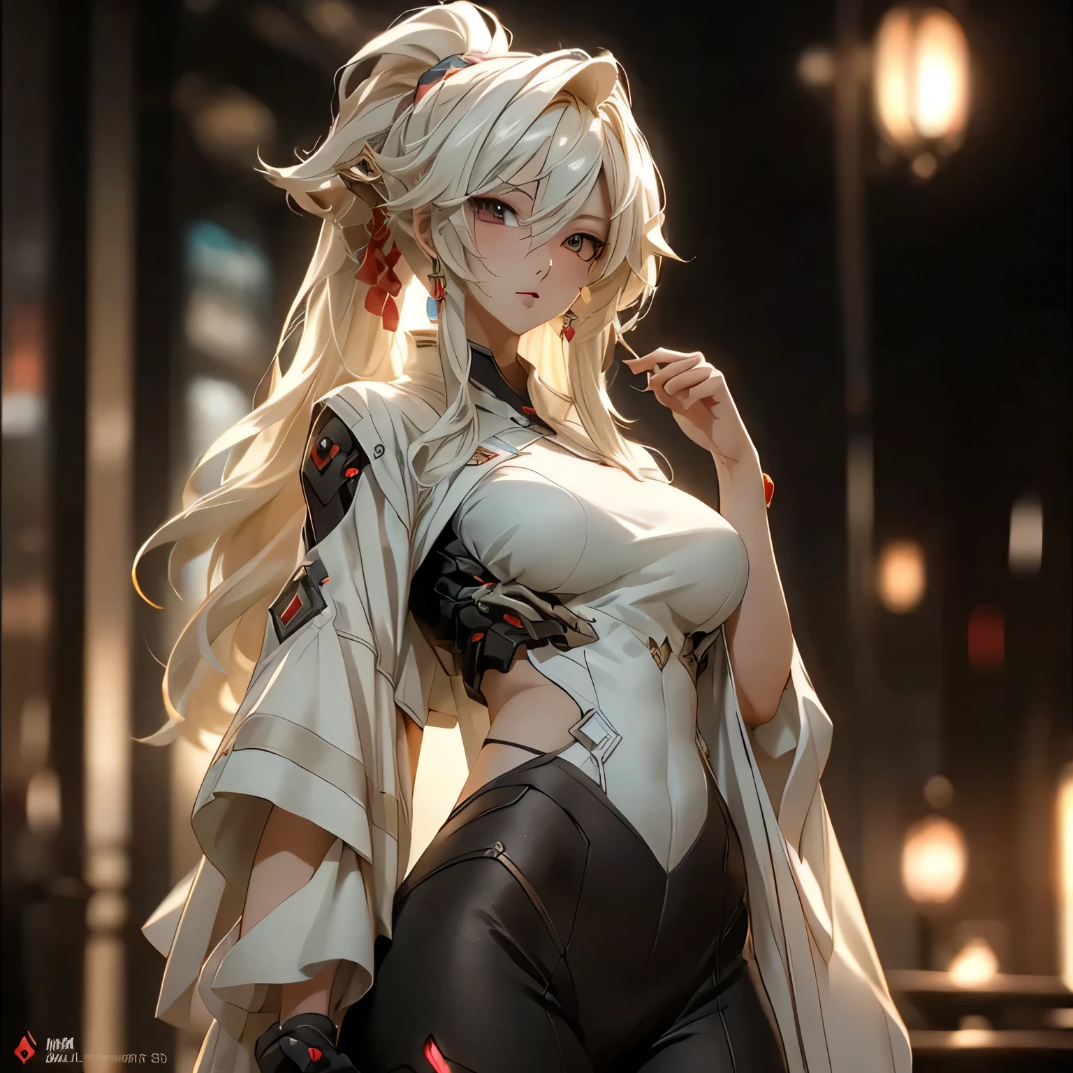 (best quality)), ((Masterpiece)), (details:1.4), 3d, HDR (high dynamic range), an image of a beautiful cyberpunk female, cyberpunk, Hips up, Blonde hair, High ponytail, Red eyes, จมูกโด่ง, ปากแดง, หน้าอกใหญ่, nvidia RTX, PBR surface, After processing, Anisotropic filtration,depth of field, Maximum clarity and clarity, multi-layered surface, Subsurface scattering, perfect proportions, 8K raw files, ultra detailed, Perfect proportions, volumetric lighting, soft lighting, Holy Paladin, Heavy black Armor, glossy skin, chapel background, jewely, ต่างหู, นิ้วมือสมบูรณ์,