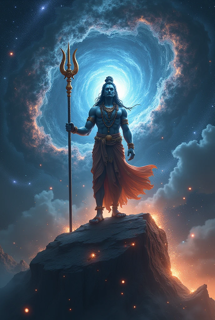 Creat image of beautiful giant hindu god mahadev standing on meteorite and surrounding travel lot of small meteorite behind with big trident made of dark matter light in space and at behind dark matter also in behind distroy galaxy