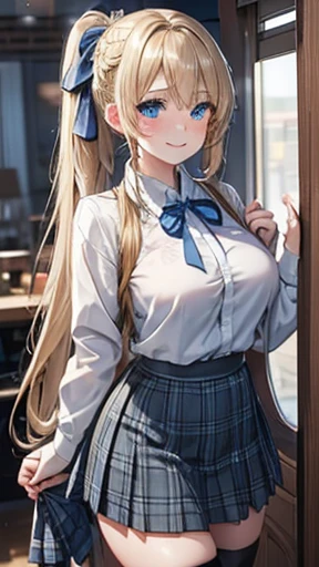 Blonde,Long ponytail,Very curled hair,,French braid through a ponytail,Blue ribbon,Bright blue eyes,freckles,Big Breasts,teenager,Gray tartan skirt, Skin-tight clothing, smile