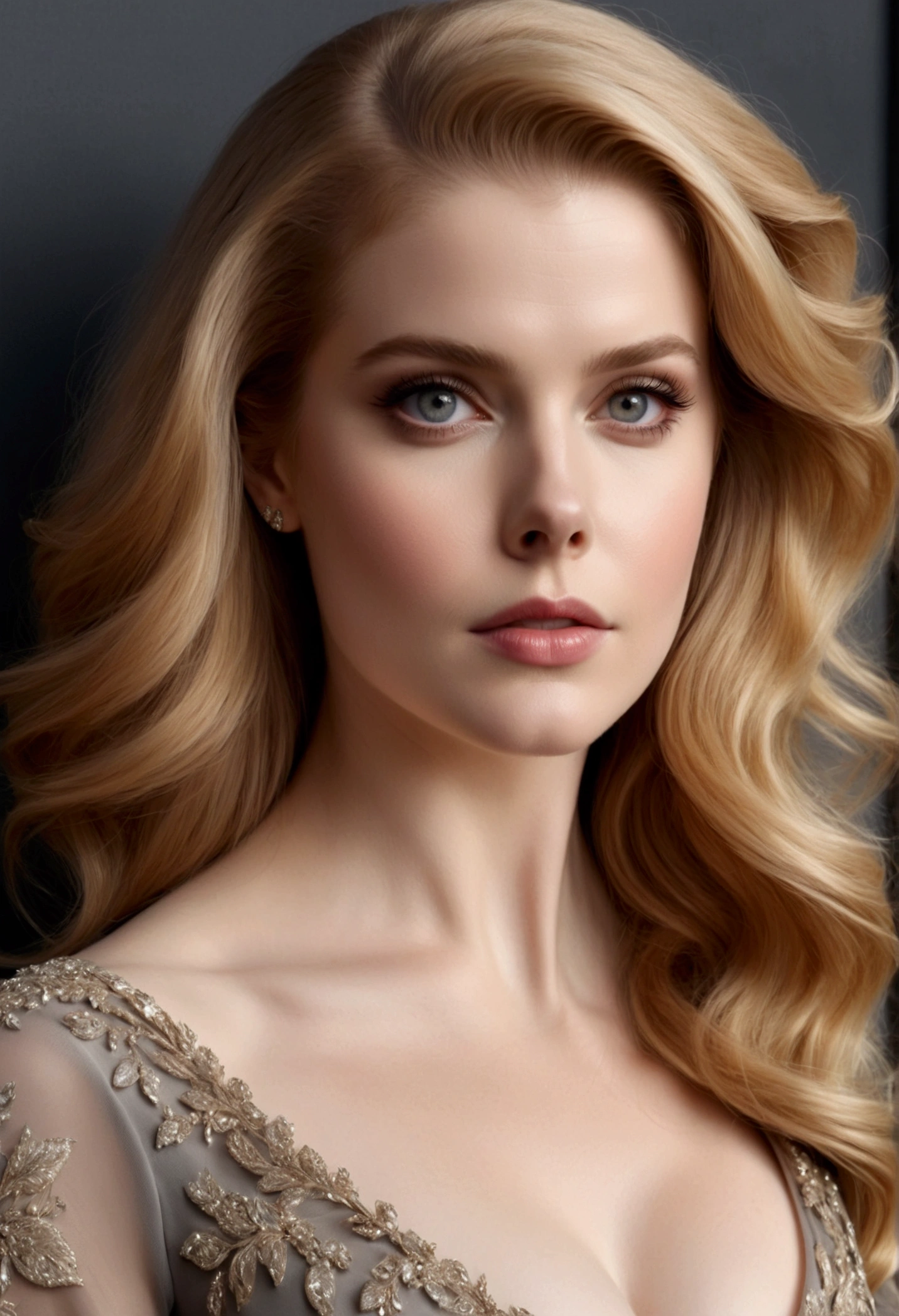 HYBRID FACE BETWEEN HELENA KAMPOURIS AND AMY ADAMS, VERY PALE SKIN, HIGH CHEEKBONES, ROSY CHEEKS, MENTAL FORAMEN, GORGEOUS LIPS, GRAY EYES, LONG BLOND HAIR, DIFFUSED DAYLIGHTS ON FACE, BLACK CACKGROUND, MASTERPIECE