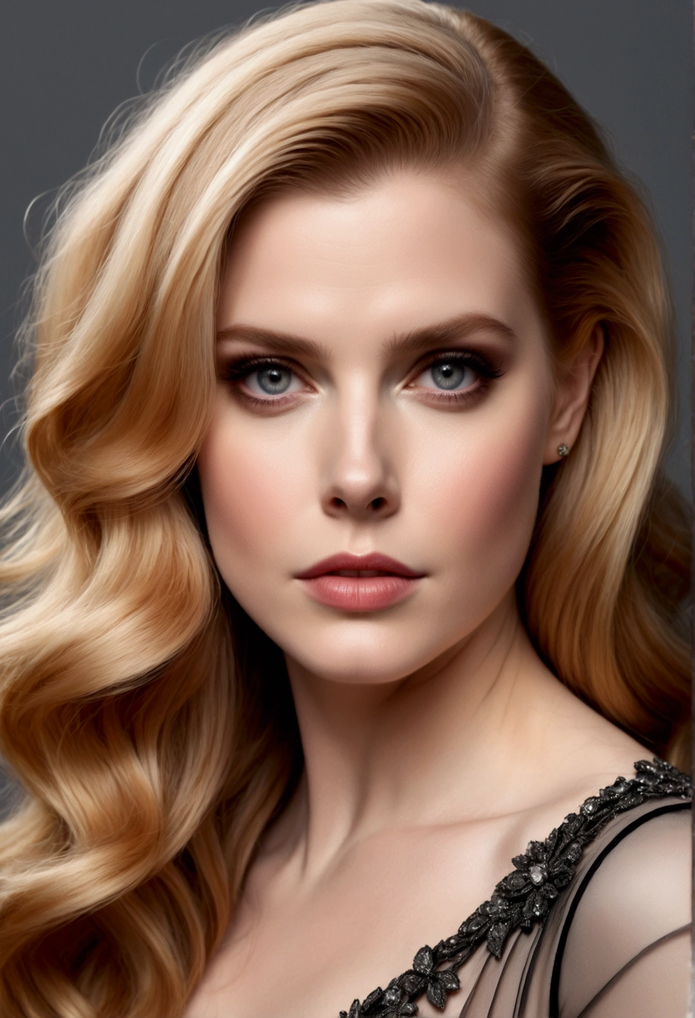 HYBRID FACE BETWEEN HELENA KAMPOURIS AND AMY ADAMS, VERY PALE SKIN, HIGH CHEEKBONES, ROSY CHEEKS, MENTAL FORAMEN, GORGEOUS LIPS, GRAY EYES, LONG BLOND HAIR, DIFFUSED DAYLIGHTS ON FACE, BLACK CACKGROUND, MASTERPIECE
