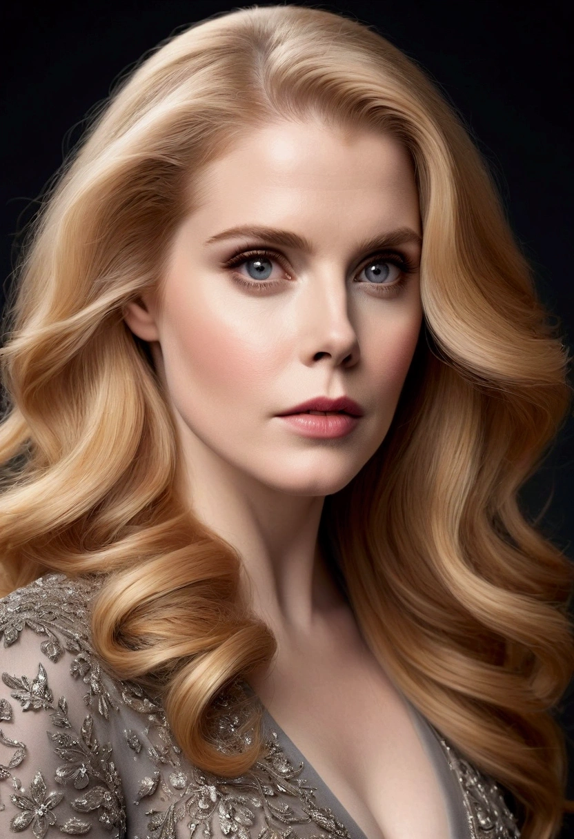 HYBRID FACE BETWEEN HELENA KAMPOURIS AND AMY ADAMS, VERY PALE SKIN, HIGH CHEEKBONES, ROSY CHEEKS, MENTAL FORAMEN, GORGEOUS LIPS, GRAY EYES, LONG BLOND HAIR, DIFFUSED DAYLIGHTS ON FACE, BLACK CACKGROUND, MASTERPIECE