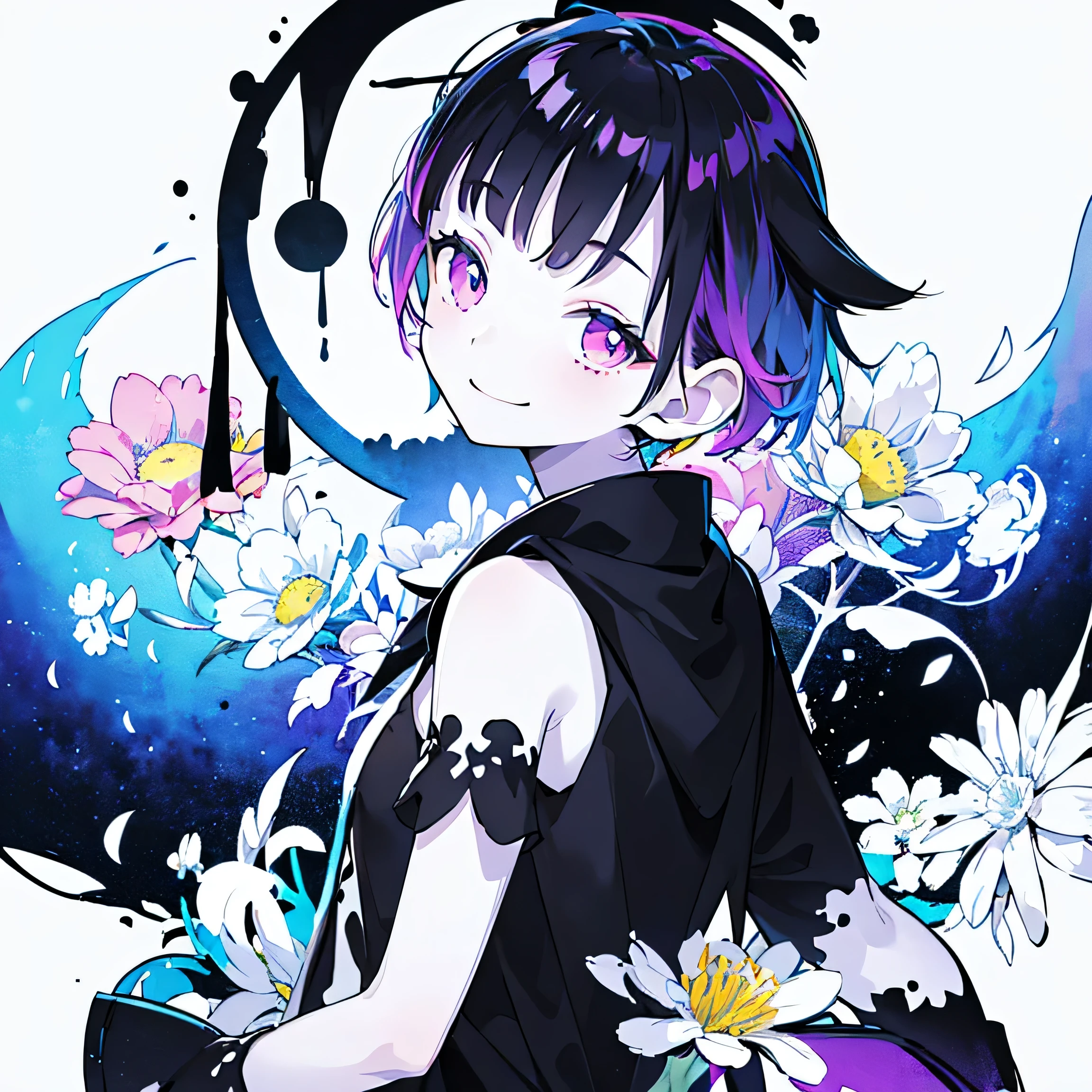 (Very bright:1.1), White Background, [1 person:7], (Tilt your head:1.2),smile、 ([sketch|watercolor \(Moderate\)]:1.15), (Inkblot:1.1), (pale:1.2), Vector Trace, Gradient Blending, look back、Bright colors,((colorful))、flower、 that&#39;wonderful, Very detailed, Complex, (Very low contrast:1.4)、My Favorite Child、Ai Hoshino