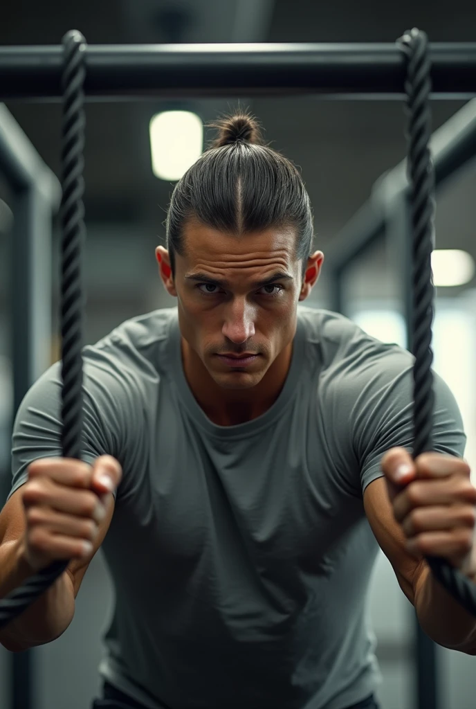 (photorealism:1.2), man in grey shirt, short hair on the side, Long hair, seeds, with a split in the middle and backwards, doing chest pulley exercise, with downward inclination, in gym, looking forward.