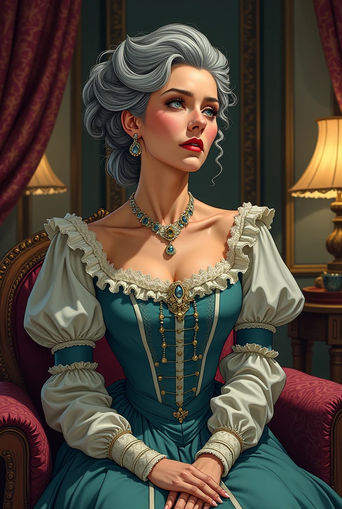a middle-aged high society lady from the 1800s breathing a sigh of relief, with manga art