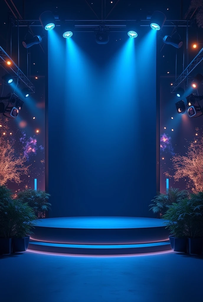 background party of the company “INIECO.” with dark blue color. empty space in the center and bustling surrounding,and light led. No people