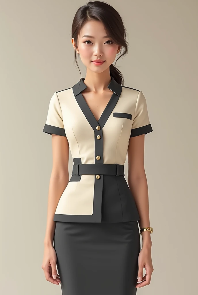 Women's short-sleeved flight attendant uniform, V-neck, no collar, cream color, with dark gray details, round element color, luxurious, minimal, a little fashionable, Lanna style, a little more colorful, full body, the shirt and skirt are separate, from the same collection, watercolor mixed with wood color.