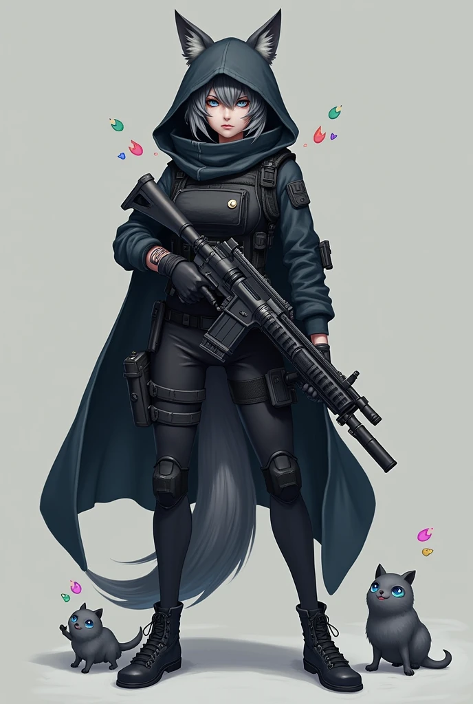 General appearance: Whisper is a gray wolf with slightly lighter fur on her belly and muzzle.. She has a slim and athletic physique., which highlights his agility and combat skills.

Clothing and Equipment: She wears a hood and a mask that cover part of her face., which highlights its enigmatic side. His outfit usually includes a tactical vest., gloves and boots, suitable for your espionage and combat missions. She is often seen carrying an energy pistol., conhecida como "Variable Wispon", that can switch between different types of attacks.

Expression and posture: Whisper tends to have a serious or thoughtful expression., reflecting her introspective nature. Your posture is attentive and ready to act, suggesting their constant readiness for danger.

Hair & Accessories: She has bangs that cover part of her face., adding a touch of mystery to your look. His hood usually has wolf ears drawn on it., and his eyes are a deep blue, conveying a sense of wit and keen perception.

Wisps: As part of your arsenal, Whisper is accompanied by small Wisps, colorful creatures that provide energy for your weapons and abilities. They are an important part of your personality and fighting style..