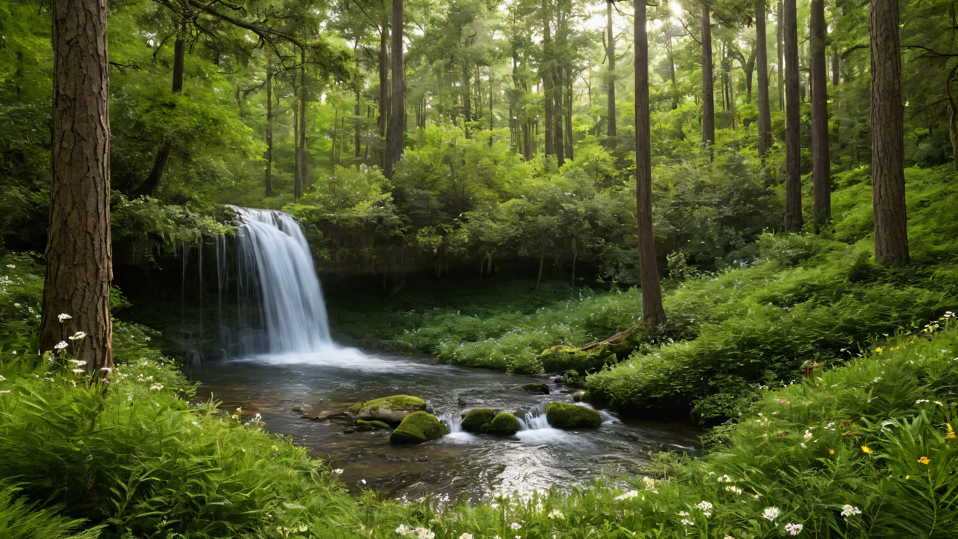 A tranquil, ultra-high resolution image capturing the serene experience of being in a lush pine and cypress forest. This is vast forest, towering emerald trees stretch towards the sky, their dense foliage creating a natural canopy. Sunlight filters through the leaves, casting dappled patterns on the forest floor. Through the gaps in the trees, a clear blue sky with fluffy white clouds is visible. In the distance, two cascading waterfalls—one large and one smaller—pour down gracefully, their white streams blending with the green surroundings. A crystal-clear stream flows gently from the base of the waterfalls, winding through a vibrant carpet of lush grass dotted with colorful wildflowers. A playful squirrel leaps across the scene while birds flutter gracefully among the trees, adding life and movement to this peaceful, nature-filled setting.
