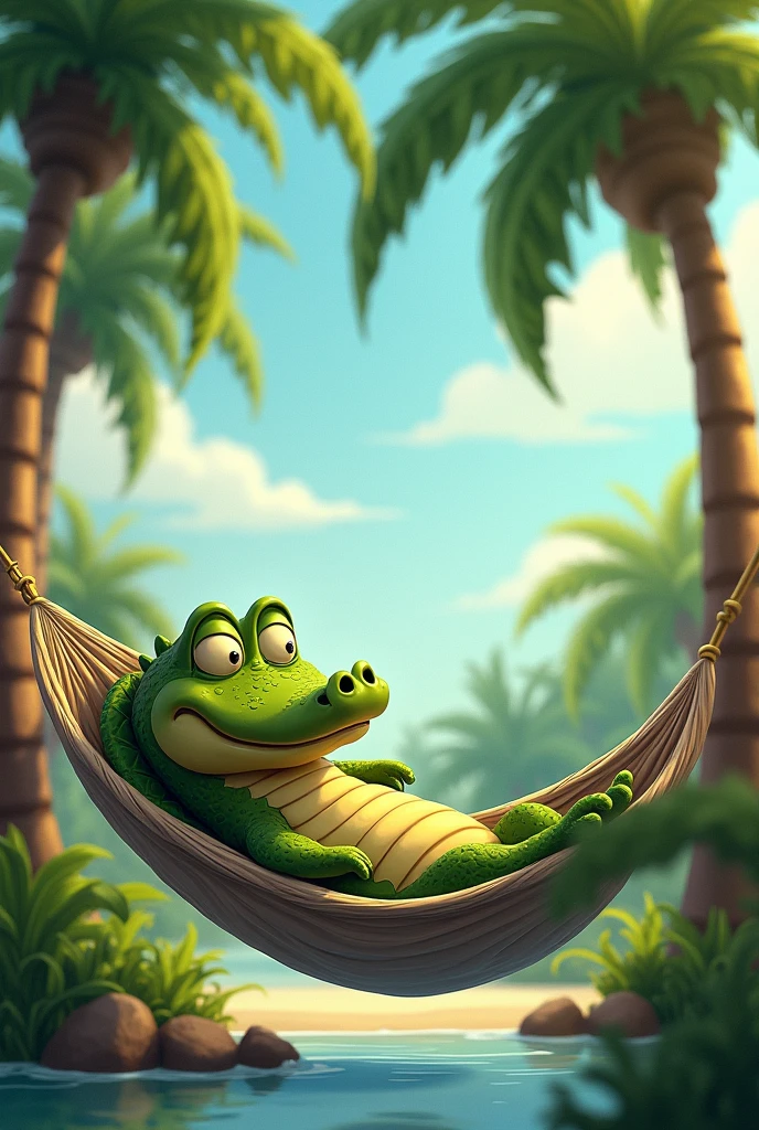 alligator sleeping in the hammock, cartoon image but not so much, sleeping,,