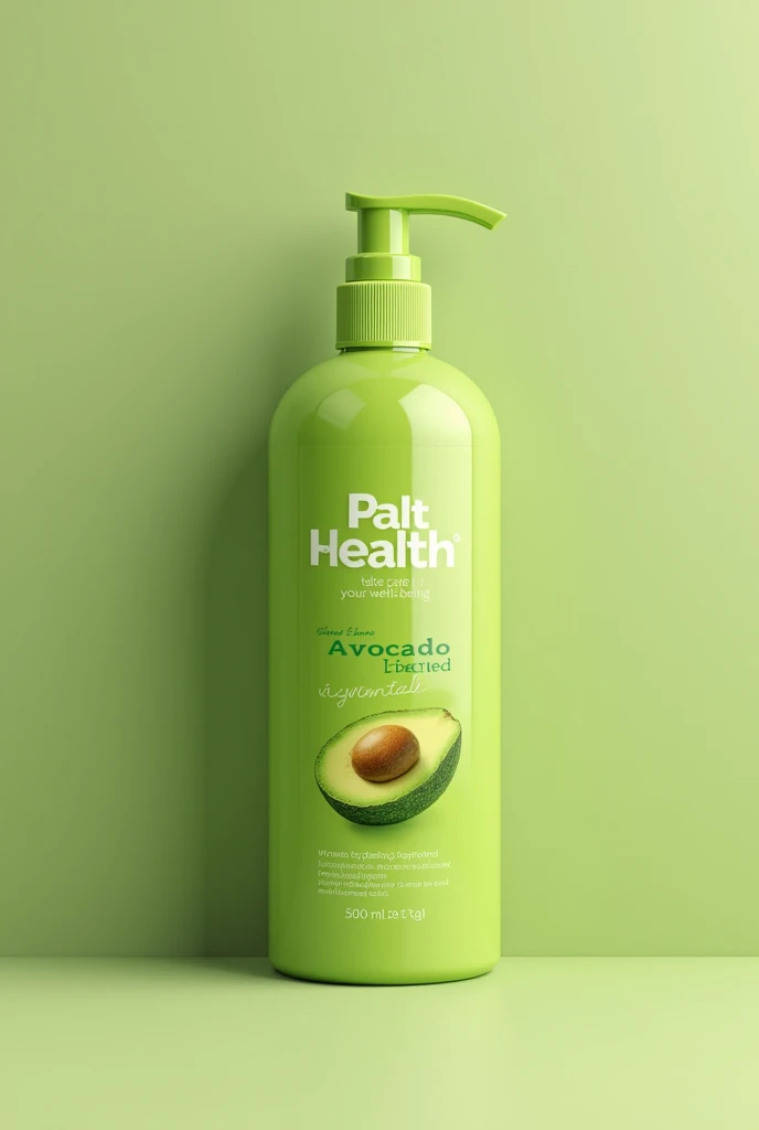 in Spanish. avocado, hair product, shampoo, Brand: palthealth, 500 ml, "Take care of your well-being with Palhealth", focus on the product, (realist), green packaging product