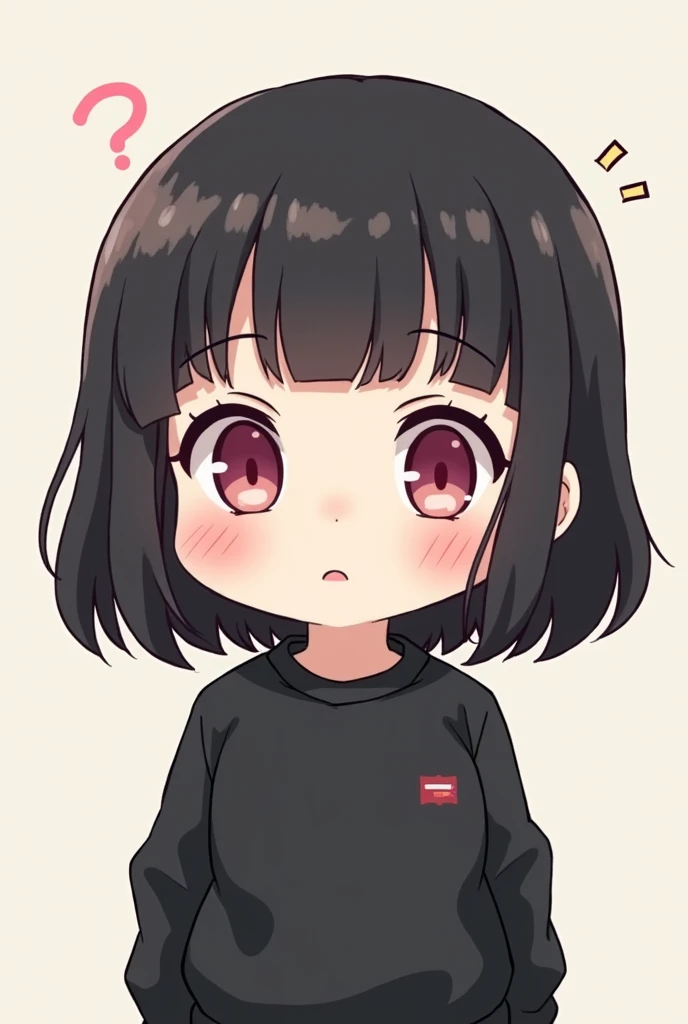 medium black hair girl with bangs, pink eyes and black sweatshirt, chibi style, confused